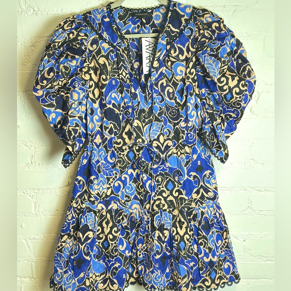 Olivaceous Mini Dress | NWT Blue & Black Sandra Puff Sleeve Ruffled Dress Size M